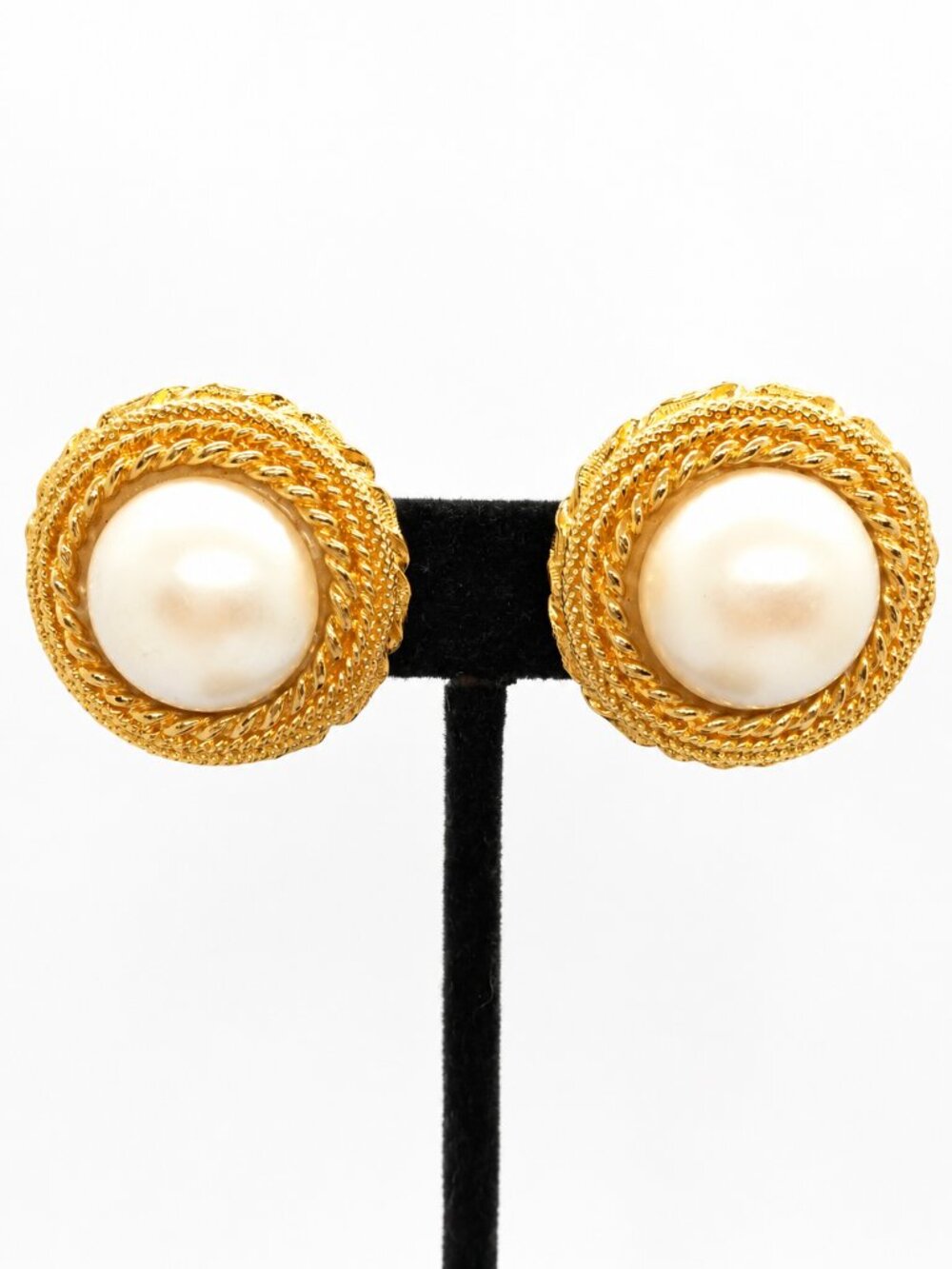 VINTAGE CLIP EARRINGS Faux Pearl Cabochon Gold Tone Large Statement 80s